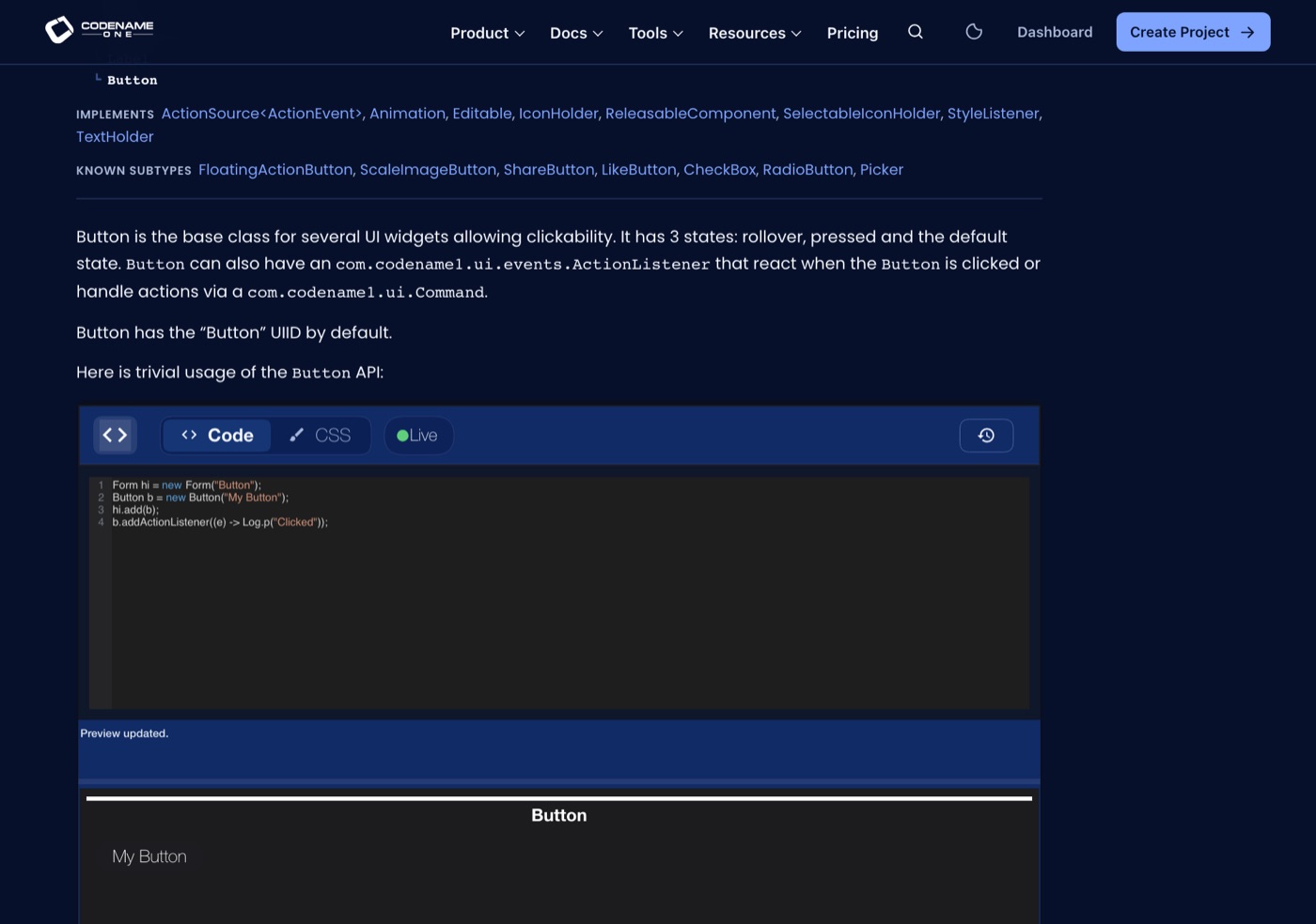 The Try It button running a Button sample on the Codename One API docs