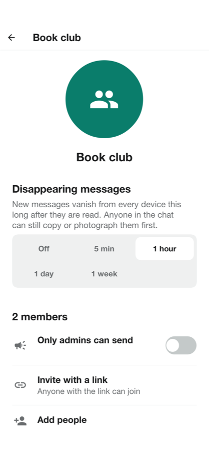 The group information screen with the disappearing messages timer, the members and the link to invite people